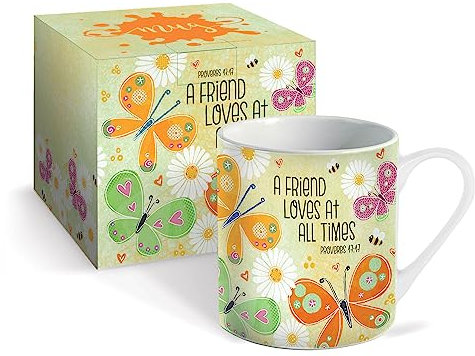 Christian Mug with Gift Box, A Friend Loves (Butterflies), with Bible Verse Proverbs 17:17. Bible Verse Mug Makes Perfect Christian Gifts for Women, by Just Cards Direct