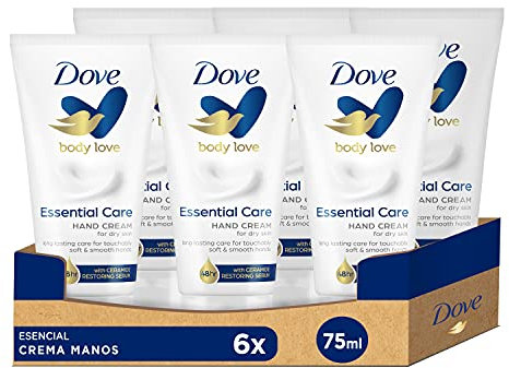 Dove Feuchtigkeitsspendende Handcreme, essentielle Ernährung, spendet Feuchtigkeit und pflegt die Haut, 75 ml, 6 Stück
