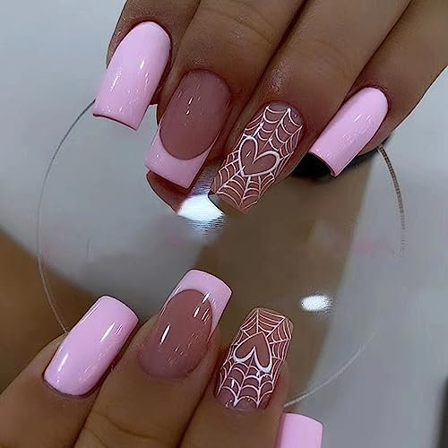 Ceboic 24Pcs Halloween Medium Coffin Pink French False Nails - Cute Love & Spiderweb Pattern Press on Acrylic Full Cover Glue on for Women and Girls