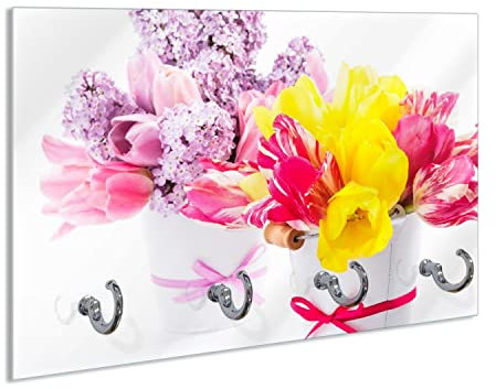 Wallario Handtuchhaken für Bad & Küche aus Glas 30 x 20 cm, Wand Handtuchhalter mit 4 Haken, Motiv: Zwei Blumen-Bouquets aus gelben und roten Tulpen und Flieder