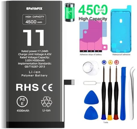 EFaith für iPhone 11 Akku, 4500mAh Ersatzakku Hohe Kapazität 0 Zyklen mit Professionelle Reparatur-Werkzeugsets und Kleber für Modell A2111, A2221, A2223 (für iPhone 11)
