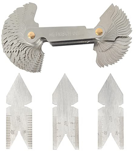 Mesee Misuratori di Filettatura in Acciaio Inossidabile, 1 Contafiletti Filettate con 58 Lamine Metriche & Imperiali & Americane + 2 Calibro Filettatura Centratori 60° & 1 Calibro Centratore 55° Inox