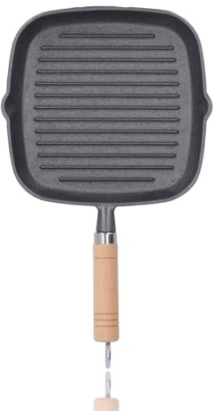 Bistecchiera Antiaderente Piastra Ghisa Design a Righe Parallele con Manico in Legno Padella Induzione 23x21CM per Bistecca di Pancetta e Cipolla Bistecchiera in Ghisa