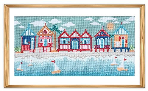 Trimits Large Cross Stitch Kits - Counted Embroidery Needlework for Adults Beginners Kids, Christmas Gifts Wall Art (Frame Not Included), 11 Count, Beach Huts