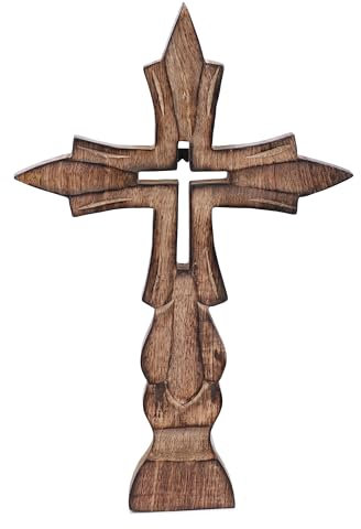 Ajuny Cruz de Madera Decorativa Hecha a mano con Diseño Tallado en Marrón y Acabado Quemado Cristiana Montada en Pared Católica para el Hogar Oficina Decoración de Iglesia Religiosos Regalos