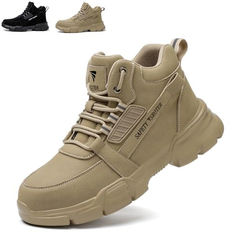 SROTER Steel Toe Cap Boots Men Women Work Boots Waterproof Safety Trainers Lightweight Safety Shoes Non-Slip, Khaki, 12 UK