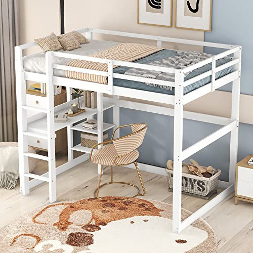 Letto a soppalco 140 x 200 cm, struttura del letto con vano portaoggetti, completamente in pino, con 4 ripiani e una scrivania per ragazzi e ragazze (bianco)