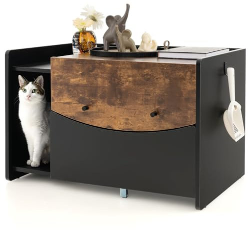 Maxmass Cat Litter Box Enclosure, Mobile Hidden Kitty Washroom Toilet with Pull-out Drawer & Flip Door, Wooden Cat House Side Cabinet Nightstand for Bedroom, Living Room and Bathroom