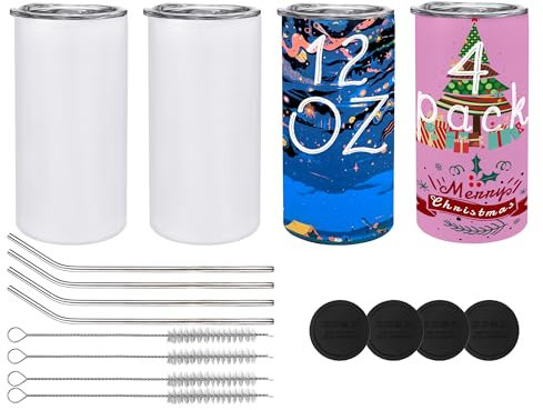JYLJINGYULI 4 Pack 12 oz Sublimation Tumblers Blanks, 12oz Sublimation Tumbler Cups Blank Bulk, Straight Skinny Insulated Cup Stainless Steel Water Bottle with Lid and Straw for Craft DIY