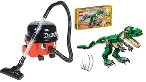 Casdon Henry & Hetty Toys - Henry Vacuum Cleaner - Red Vacuum Cleaning Toy with Real Function & LEGO 31058 Creator Mighty Dinosaurs Toy, 3 in 1 Model, T. rex
