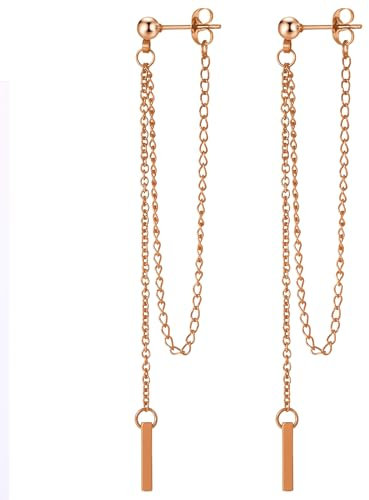 JewelryWe Hängende Ohrringe Damen Ohrhänger: Rosegold Edelstahl Kugel Ohrstecker mit Extra Lange Kette Stäbchen Anhänger Kettenohrringe Tropfen Ohrringe Ohr Piercings Geschenk für Frau Mädchen