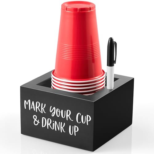 DRASTAR Cup Holder with Marker Slot, Mark Your Cup and Drink Up Caddy, Farmhouse Drink Holder for Party Bar, Black Wood Disposable Cup Holder, Plastic Cup Organizer, Gift for Hostess, Black