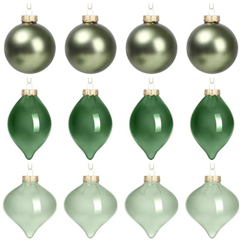Zomiboo 12-teiliges grünes Glas-Weihnachtskugel-Set, 8 cm, hängende bruchsichere Glasbirnen für Weihnachtsbaumkugeln, Großpackung für Urlaub, Weihnachtsbaumschmuck, Geschenke
