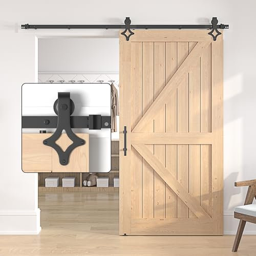 SANKEYTEW Schiebetür Set ohne Tür, 213 cm, Holz Scheunentür Schiebetür Schiebe Set, robuste Stahl Schiebetürschiene, rautenförmiges Scheunentor Hardware Set, Schwarz
