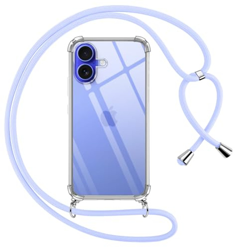Pnakqil Cover per iPhone 16 con Cordino, Trasparente Custodia con Laccio Tracolla Cellulare Girocollo Collana Protettiva per iPhone 16 6.1, Viola