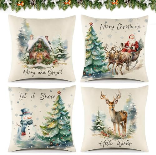 VeIef 4 Stück Kissenbezug 45x45 cm Weihnachten, Leinen Dekokissen Kissenbezug Weihnachten, Weihnachts Kissenbezüge mit Motiven von Elch Schneemann Weihnachtsmann Holzhäusern (45x45)