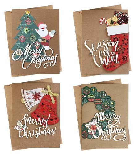 POPOYU 4 Stück Weihnachtskarten mit Umschlag Aufklebern Set, Klappkarten Weihnachtsgrußkarten Kraftpapier Karten Postkarten für Weihnachten, 3D Pop Up Grußkarte für Familie Freunde Weihnachtsgrüße