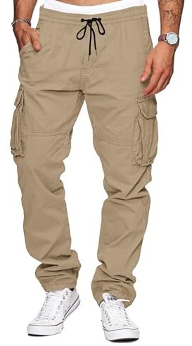 TARAINYA Cargohose Herren Baumwolle Baggy Hosen Stretch Outdoorhose mit Kordelzug und Taschen Dunkelkhaki XL
