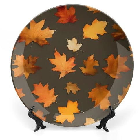 SLKMHFT 8inch Bone China Decorative Plate with Display Autumn Camoflauge Printed Ceramic Decor Plate Dinner Plates Crafts Decorative Plates for Home Hanging Decoration
