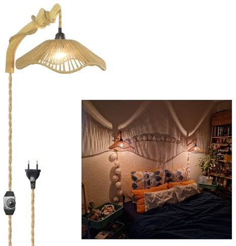 YNDD Applique Murale Rotine Boho, Lampe Mural Bois Vintage avec interrupteur Luminosité Variable avec Câble de Corde de Chanvre 3 m Luminaire Muraux Rétro E27 pour Intérieure Chambre Chevet Salon
