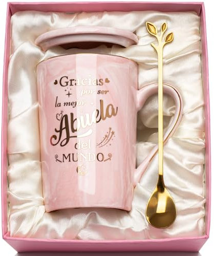 Regalo dia de la Madre, Regalo Abuela, Regalo Abuela Cumpleaños, Regalos para Abuelas Gracias por ser la mejor Abuela del MUNDO Taza Rosa Jaspeada de Regalo, con Cucharas, Cajas de Regalo, Tapas