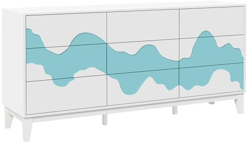 UEV Kommode mit 9 Schubladen 160x40x78,5cm Modern Design mit Wellenmuster, TV Board, Aufbewahrungsschrank, Schmal kommode, Buffet, Sideboard für Wohnzimmer/Schlafzimmer/Flur, Weiß und Blau