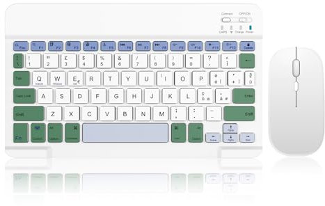 SOPPY Tastiera e Mouse Bluetooth Portatili, Mini Tastiera Ricaricabile, Tastiera Wireless per iPad/Samsung Tab/Lenovo Tab/iOS/Android/Windows, Layout Italiano (Bianco e Verde)