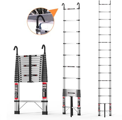 Telescopic Ladder 4.4M/14.4FT Stainless Steel Extension Ladder with Detachable Hooks, 150KG Max Capacity Portable Multi Purpose Extendable Loft Ladder Portable Folding Ladder, EN131
