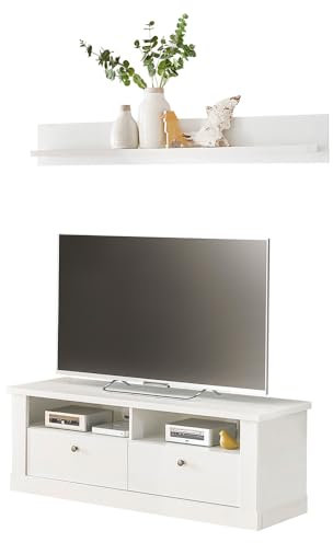 Lomadox Wohnwand Wohnmöbel Set, Pinie weiß, 2-teilig, Landhaus-Stil, Wandboard, Lowboard