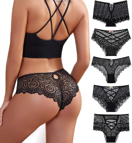 Zueauns Unterhosen Damen Slips mit Spitze Lace Hipster Unterwäsche Höschen Sexy Nahtlose Frauen Bikinis Panties Pantys 5 Stück