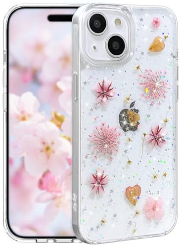 Efitoo for iPhone 12 Mini/13 Mini Case Clear Glitter with Flowers Design Real Dried Pressed Floral Cherry Sparkle Cute Soft Slim Aesthetic Shockproof Protective Girly Women Girls Phone Cover (Pink)