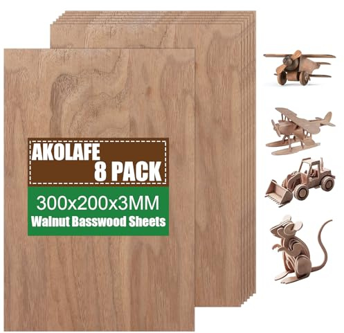 AKOLAFE 8 Stück Sperrholzplatte 3mm Walnuss Sperrholz Unbehandeltes Nussbaum Holz 300x200 mm Walnussholz Natürliche A4 Holzplatten zum Basteln Naturholz für DIY Handwerk, Malen, Modell Dekor