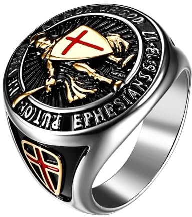 Flongo St. Michael Erzengel Ring für Herren: Kreuz Schild Edelstahl Schutzschild Ring Katholischer Siegelring Amulett mit Medaillon Religiöser Schmuck Geschenk für Christen Größe 71
