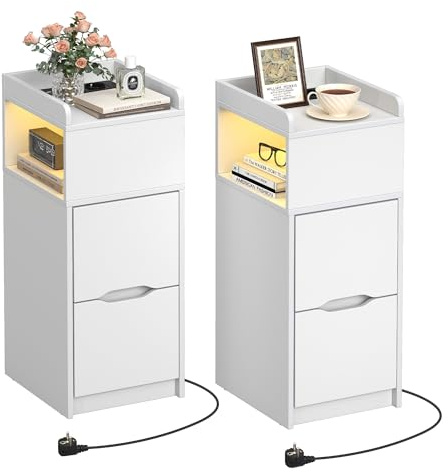 Quikraen Nachttisch Schmaler 2er Set mit Steckdose und LED,Weiß | nachtschrank 2er set mit 2 Schubladen, 1 offenes Fach, mit USB-/Type-C, nachtkästchen für Schlafzimmer
