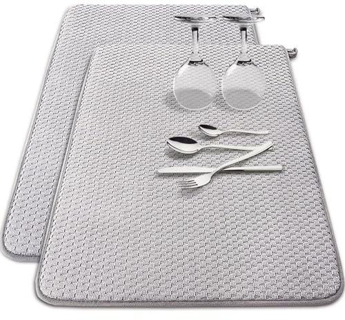2 Stück Mikrofaser Geschirrtrocknermatte, 61 x 43 cm Super Saugfähige Trockenunterlage, Große Größe für Arbeitsplatten, Spülen, Abtropfgestelle, Grau