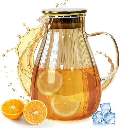 Fuhesgu Caraffa in Vetro da 1,8L/63OZ, Brocca Acqua Vetro Borosilicato Caraffa di Vetro Caldo Freddo Brocca per Acqua con 304 Acciaio Inossidabile Coperchio per il Tè Freddo, Vino, Latte e Succo