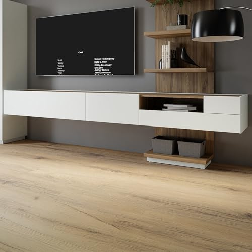 Forte Lewisville TV Schrank 270, hängendes Lowboard, Kippfach, Tür, Schublade, Holzwerkstoff, Holzwerkstoff, Secret Grey | Valenica Eiche Holzdekor, 269,4 cm breit x 32,2 cm hoch x 41 cm tief