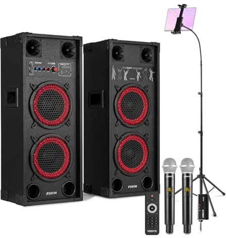 Fenton SPK-208 Karaoke Machine Set with Dual 8” Bluetooth Speakers, Vonyx UHF Wireless Microphone System & Tablet Holder Stand for Adults Home Karaoke & Parties