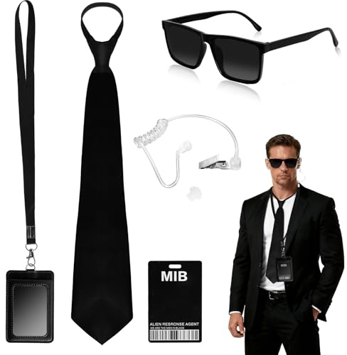 Kit de Costume Espion 6 Pieces, Men in Black Deguisement, Accessoires de Costumes de Services Secrets avec Lunettes, Cravate Reglable, Porte Cartes, Noires Ecouteurs, Faux Telephone