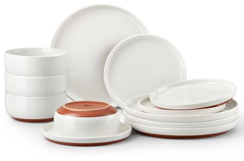 Homikit 12-Piece Dinner Stoneware Set Service for 4 People, Creamy White | Reactive Glaze Plates and Bowls Set with Rustic Terracotta Bottom, Non-Toxic & Non-Scratch, Microwave and Dishwasher Safe