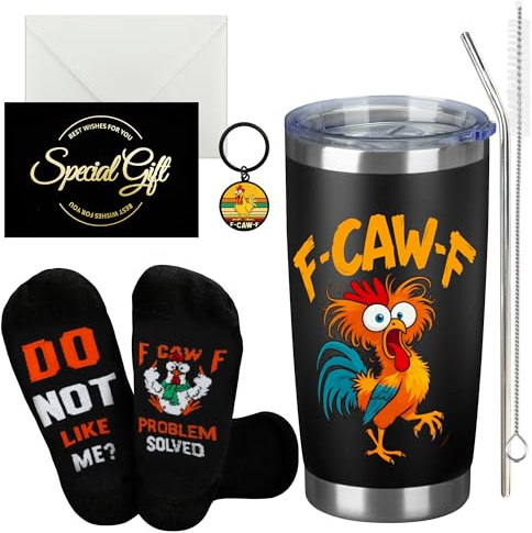 Sektasu Funny Rooster Tumbler Gift Set for Men Women, Stainless Steel Insulated Coffee Tumbler with Novelty Socks, Keyring, Greeting Card, Sarcastic Office Humor Gifts for Coworkers Friends