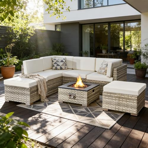 Aweather 6 Seater Outdoor Furniture Set, PE Rattan Garden Dining Set with Fire Pit Table, All-Weather Wicker Patio Table & Chairs Set, Weatherproof Outdoor Seating for Garden Backyard Balcony Terrace