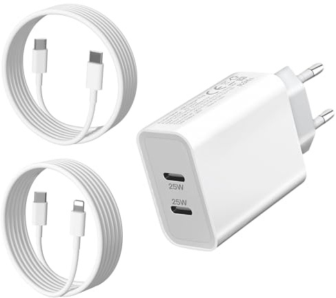 Cargador Carga Rápida para iPhone 14 13 12 17 16 25W Enchufe USB C y Cable | iPad Pro/Air 11 13/Mini/iPhone 14 Pro/14 Pro Max/14 Plus 13 12 11 SE 2022 XR X XS Rápido Type C Móvil Adaptador y 2Pack Cable