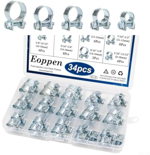 34-Piece Fuel Line Clamp Assortment Kit, Adjustable Carbon Steel Hose Clamps 8-18mm (5 Sizes), Black & Silver Crimp Fittings for Diesel Petrol Automotive Repair(Silver)