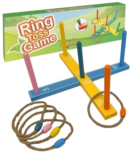 Wooden Quoits Garden Game, Rope Ring Toss Set for Outdoor Lawn Fun, Hoopla Game