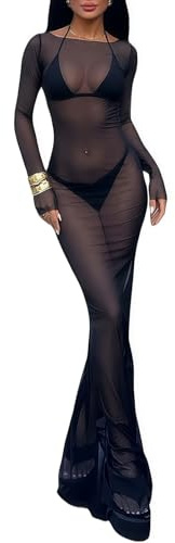 Women's Sheer Maxi Dress, Long Sleeve See Through Mesh Bodycon Dress, Sexy Transparent Off Shoulder Swimsuit Bikini Cover Up, Sexy Black Beach Dresses for Night Going Out Evening Date