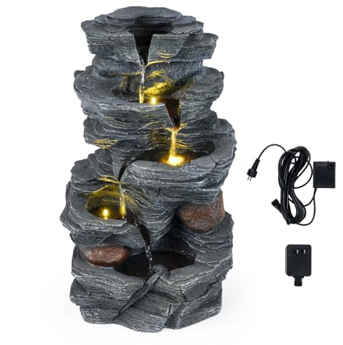 HOMASIS Fontana da Giardino con Effetto di Roccia, Fontanella Decorativa a 5 Livelli con Luci, Flusso d'Acqua e Pompa Regolabile, Arredo in Resina per Interno, Tavolo, Esterno, Balcone e Laghetto