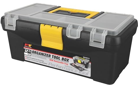 Performance Tool W54012 Plastic Tool Box with Organizer, 12.5 | Organizer with ergonomic comfort handle. Portable carrying case for hobbies and more