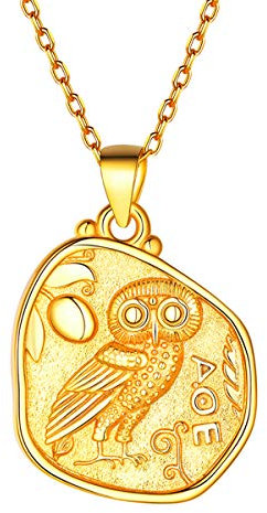 FOCALOOK 925 Sterlingsilber unregelmäßige Münze Kette Filigrane Reliefarbeit Eule & Athene Anhänger mit vergoldet Rolokette 1,4mm Vintage Schmuck Accessoire für Abendkleid V-Ausschnitt