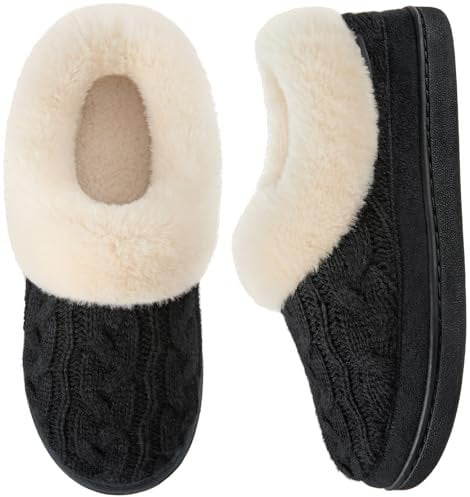 VeraCosy Ladies' Warm Knitted Faux Suede Memory Foam Moc Slippers Winter Cashmere Collar House Shoes Black,6 UK